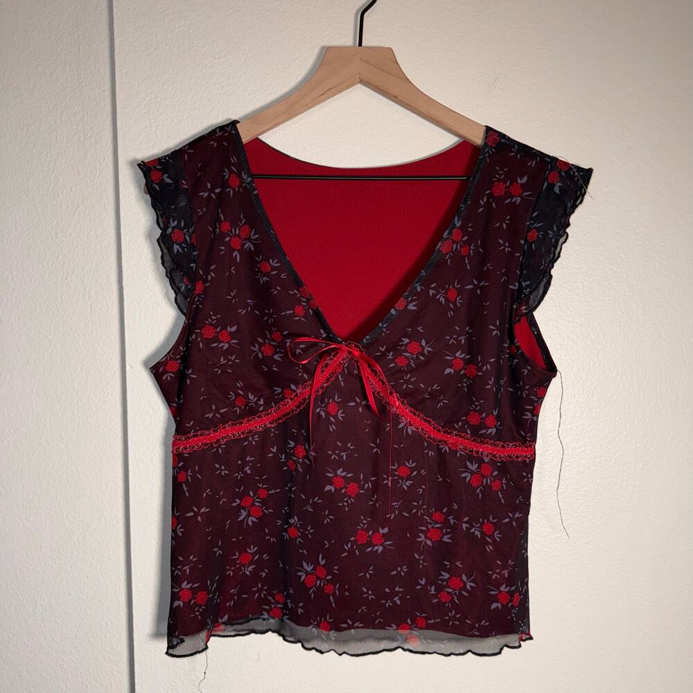 ROMWE Goth Ditsy Floral Print fairy grunge Bow Trim sheer Mesh whimsigoth Top XL - Picture 5 of 6